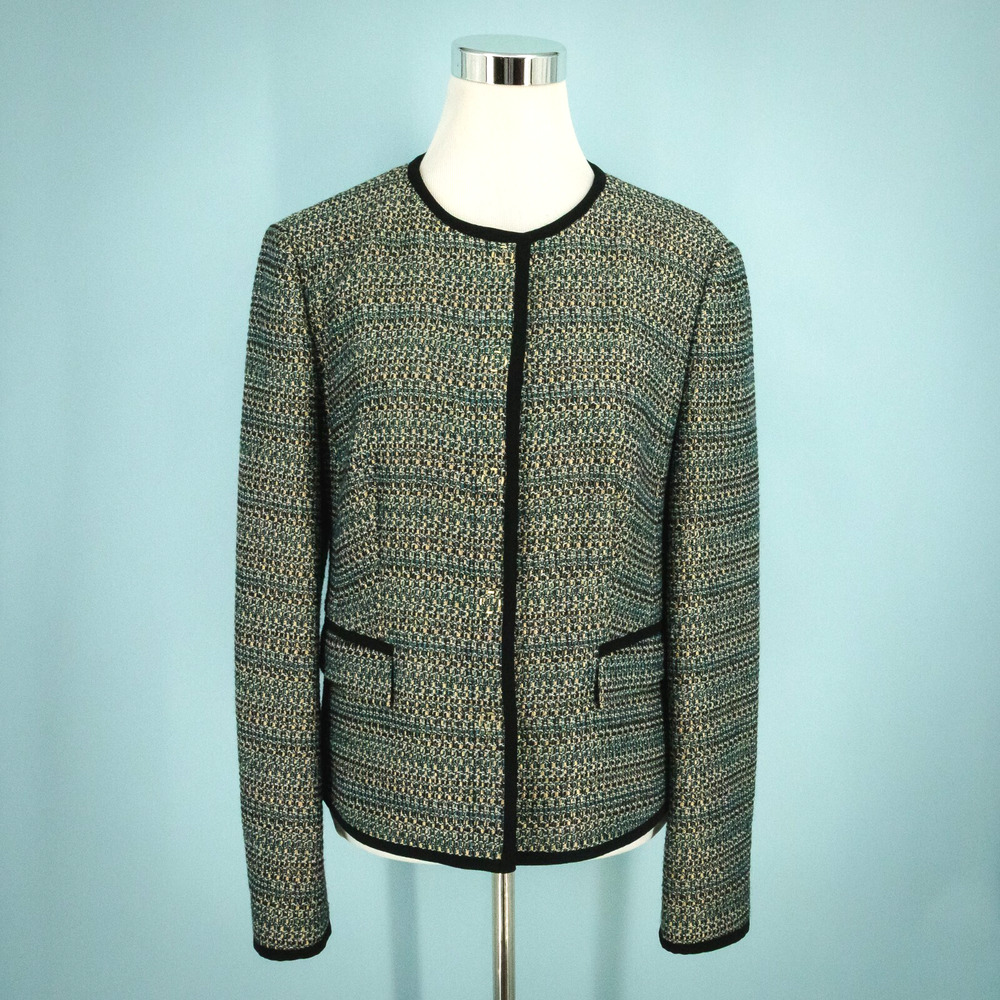 Hugo Boss Size 10 Jotila Boucle Tweed Metallic Snap Collarless Lined Wool Blazer